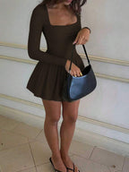 Elegant Vintage French Style Long Sleeve A-Line Dress, Pleated Collar Waist Cinched Casual Midi Length Dress For Women