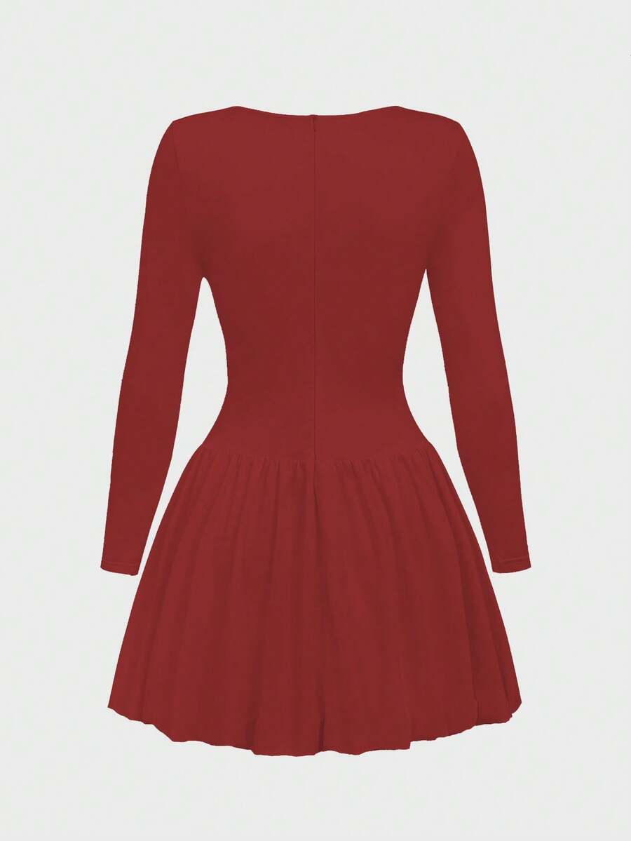 Elegant Vintage French Style Long Sleeve A-Line Dress, Pleated Collar Waist Cinched Casual Midi Length Dress For Women
