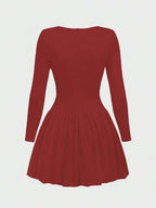 Elegant Vintage French Style Long Sleeve A-Line Dress, Pleated Collar Waist Cinched Casual Midi Length Dress For Women