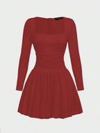 Elegant Vintage French Style Long Sleeve A-Line Dress, Pleated Collar Waist Cinched Casual Midi Length Dress For Women