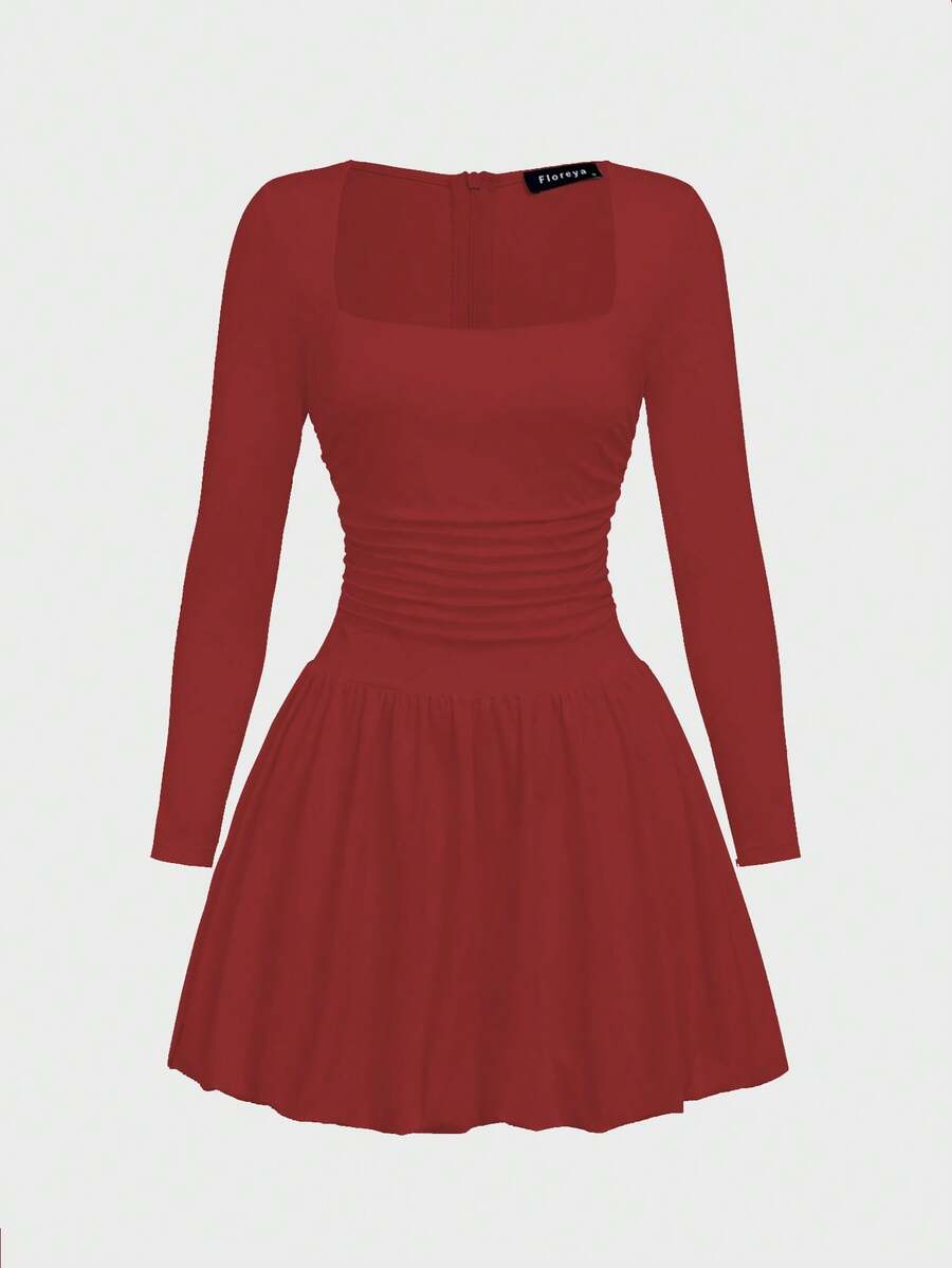 Elegant Vintage French Style Long Sleeve A-Line Dress, Pleated Collar Waist Cinched Casual Midi Length Dress For Women