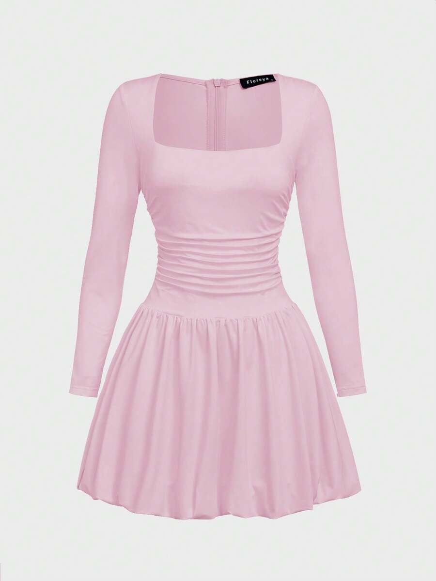 Elegant Vintage French Style Long Sleeve A-Line Dress, Pleated Collar Waist Cinched Casual Midi Length Dress For Women
