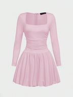 Elegant Vintage French Style Long Sleeve A-Line Dress, Pleated Collar Waist Cinched Casual Midi Length Dress For Women