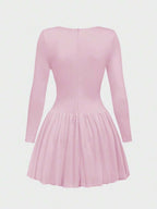 Elegant Vintage French Style Long Sleeve A-Line Dress, Pleated Collar Waist Cinched Casual Midi Length Dress For Women