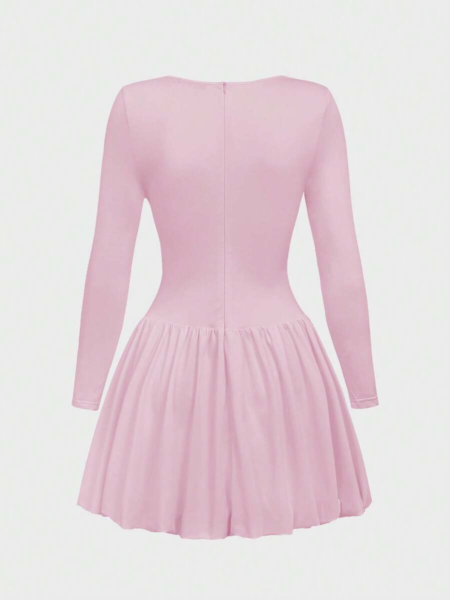 Elegant Vintage French Style Long Sleeve A-Line Dress, Pleated Collar Waist Cinched Casual Midi Length Dress For Women