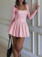 Elegant Vintage French Style Long Sleeve A-Line Dress, Pleated Collar Waist Cinched Casual Midi Length Dress For Women