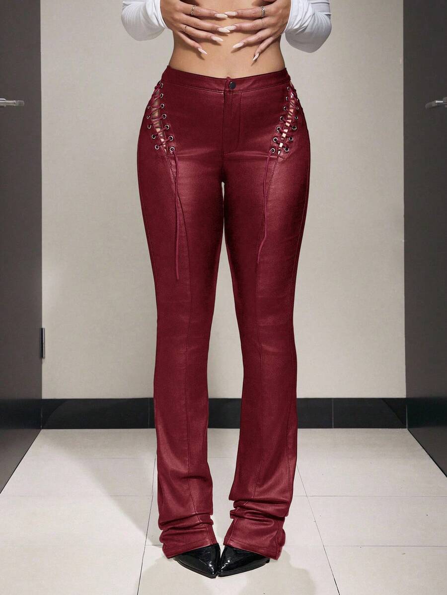 Jeanoix PU Leather Hollow-Out Lace-Up Black Flare Pants, For Women