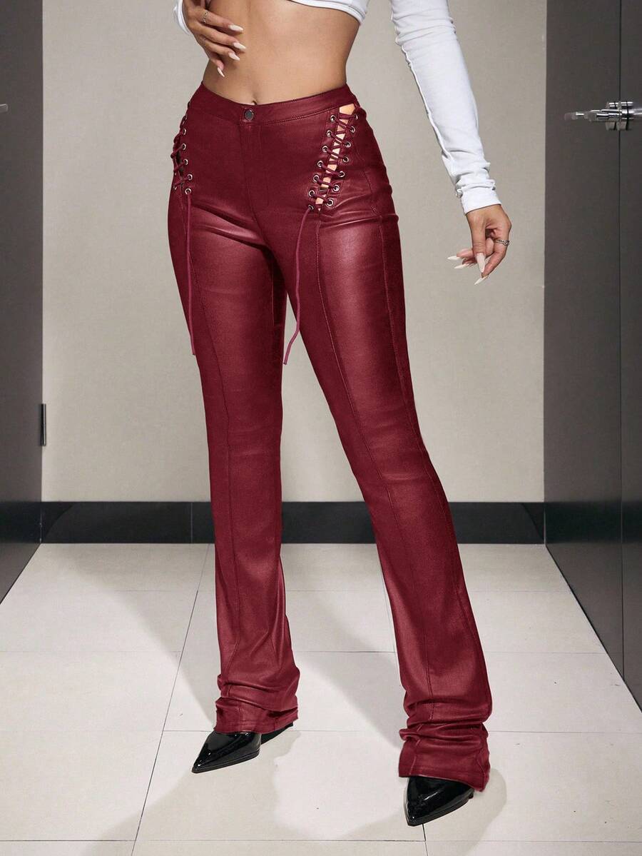 Jeanoix PU Leather Hollow-Out Lace-Up Black Flare Pants, For Women