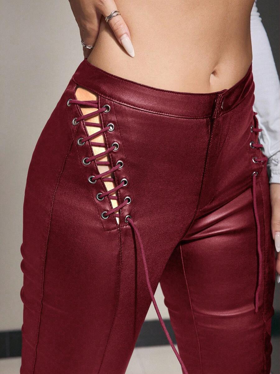 Jeanoix PU Leather Hollow-Out Lace-Up Black Flare Pants, For Women