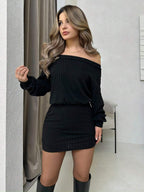 Jemour Off-Shoulder Fluffy Solid Color Casual Versatile Long Sleeve Dress