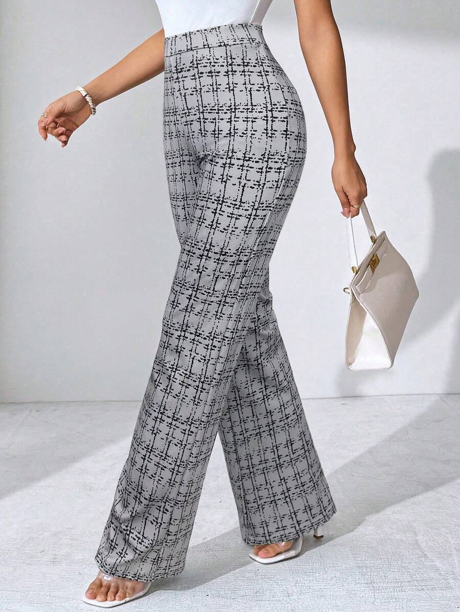 SHEIN Clasi Summer Elegant Women's Plaid Printed Elastic Knitted Pants, Suitable For Various Occasions, Suitable For Summer Vacation, Elegant Travel, And Daily Commuting Business Casual Woman