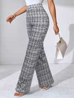 SHEIN Clasi Summer Elegant Women's Plaid Printed Elastic Knitted Pants, Suitable For Various Occasions, Suitable For Summer Vacation, Elegant Travel, And Daily Commuting Business Casual Woman