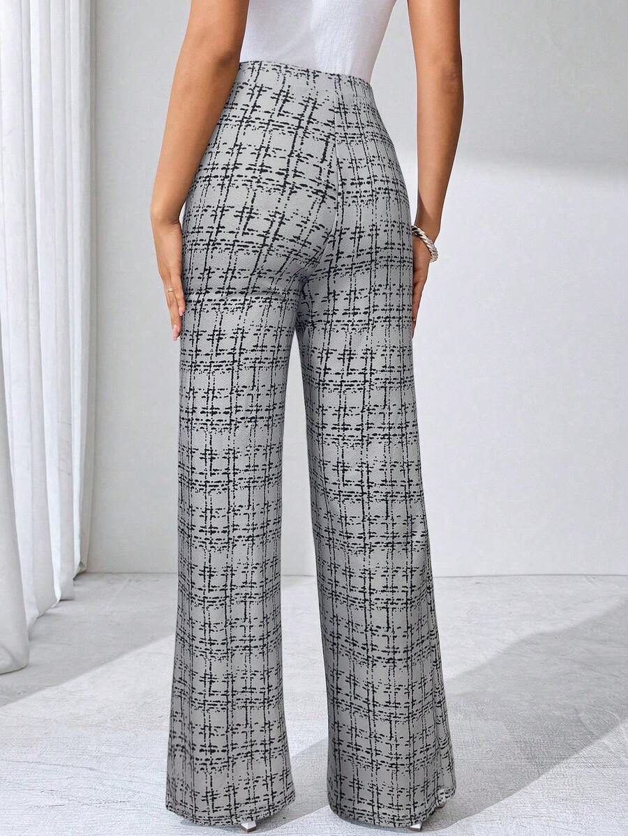 SHEIN Clasi Summer Elegant Women's Plaid Printed Elastic Knitted Pants, Suitable For Various Occasions, Suitable For Summer Vacation, Elegant Travel, And Daily Commuting Business Casual Woman