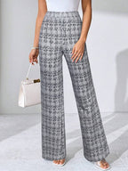 SHEIN Clasi Summer Elegant Women's Plaid Printed Elastic Knitted Pants, Suitable For Various Occasions, Suitable For Summer Vacation, Elegant Travel, And Daily Commuting Business Casual Woman