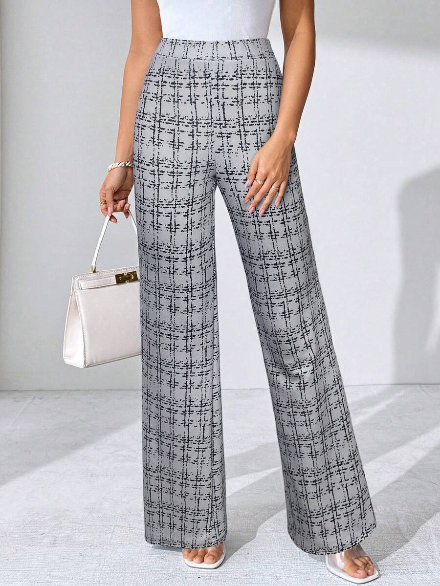 SHEIN Clasi Summer Elegant Women's Plaid Printed Elastic Knitted Pants, Suitable For Various Occasions, Suitable For Summer Vacation, Elegant Travel, And Daily Commuting Business Casual Woman