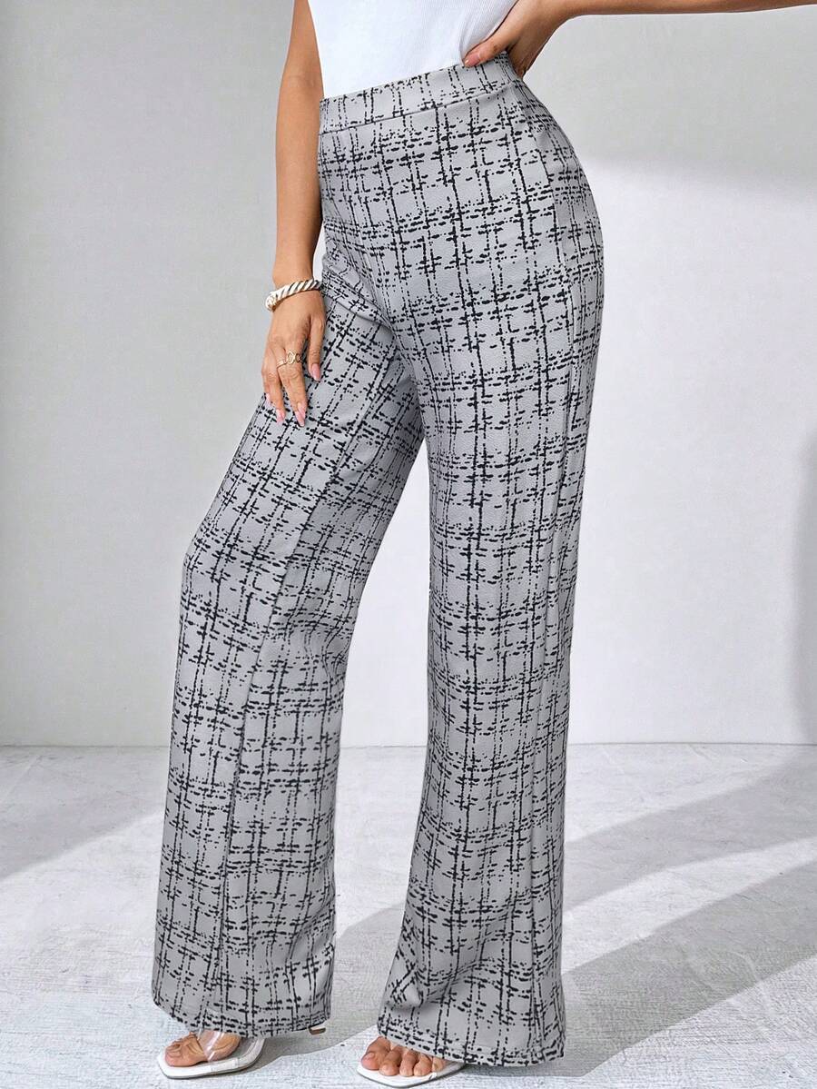 SHEIN Clasi Summer Elegant Women's Plaid Printed Elastic Knitted Pants, Suitable For Various Occasions, Suitable For Summer Vacation, Elegant Travel, And Daily Commuting Business Casual Woman