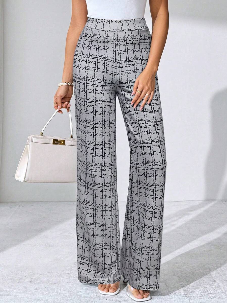 SHEIN Clasi Summer Elegant Women's Plaid Printed Elastic Knitted Pants, Suitable For Various Occasions, Suitable For Summer Vacation, Elegant Travel, And Daily Commuting Business Casual Woman