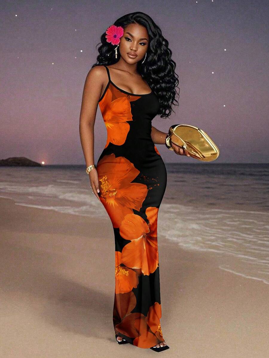 Slaydiva 2025/Summer Outfits For Women/Fall Women Clothes/Summer Dresses For Women/Elegant Dresses For Women/Wedding Guest Dress Women/Vacation Outfits Woman/Going Out/Classy Outfits For Women/Floral Graphic Casual Minimalist Sleeveless Dress Chic Dress