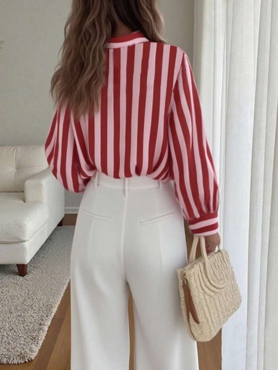 Women's Vintage Inspired Lightweight Jacket, Bohemian Colorblock Striped Pattern, Pink Casual Lapel Long Sleeve Button-Up Shirt, Loose Comfortable Elegant Romantic Urban Casual Blouse