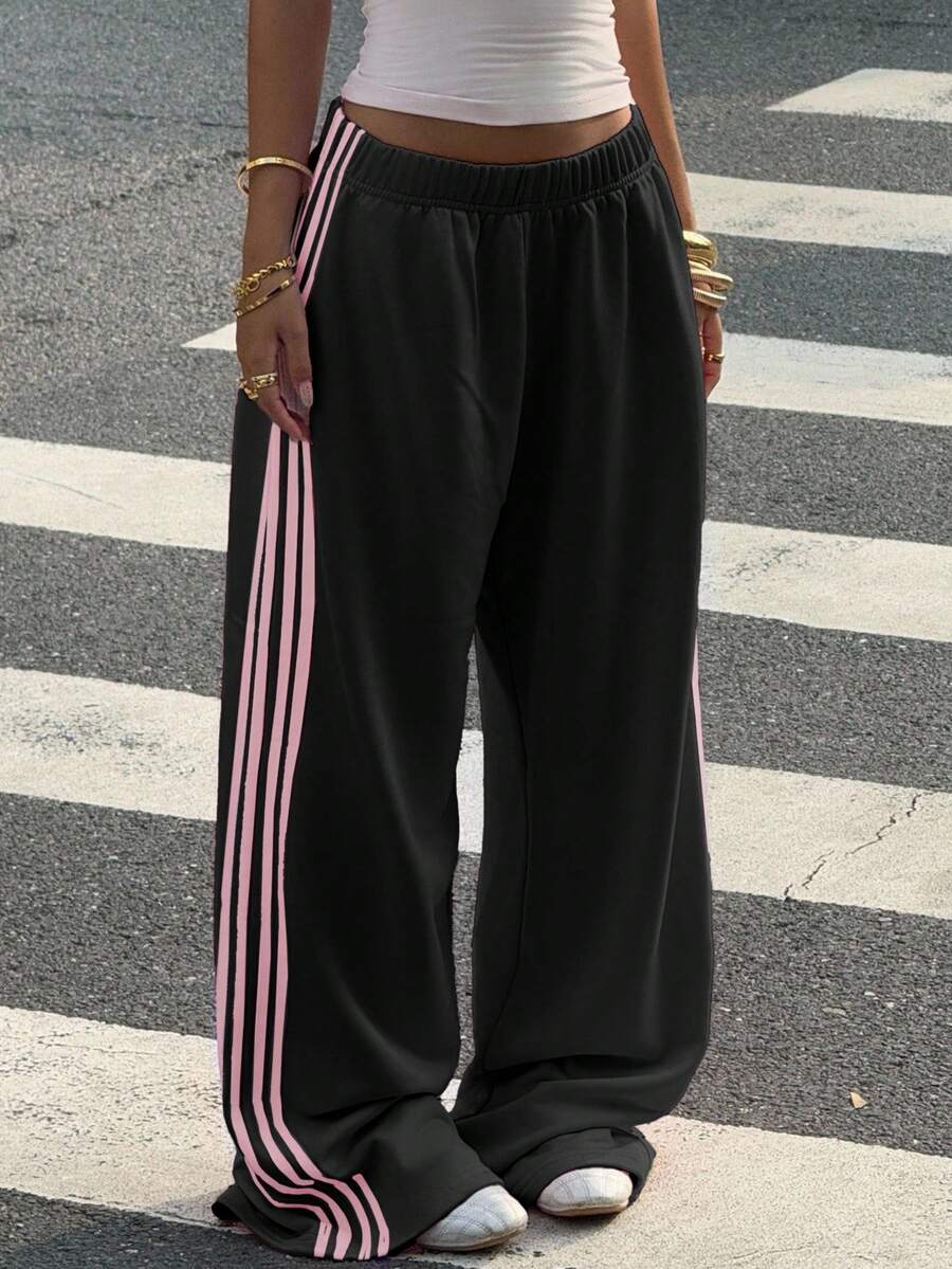 Muchica Women's White Striped Knitted Sweatpants Extra Long Straight Leg Pink Side Stripe Loose Fit Casual Track Pants For Everyday Wear White Beach Pants White Wide Leg Pants Women Wide Pants Wide Leg Summer Pants Palazzo Pants Women White Track Pants Women