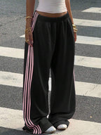 Muchica Women's White Striped Knitted Sweatpants Extra Long Straight Leg Pink Side Stripe Loose Fit Casual Track Pants For Everyday Wear White Beach Pants White Wide Leg Pants Women Wide Pants Wide Leg Summer Pants Palazzo Pants Women White Track Pants Women