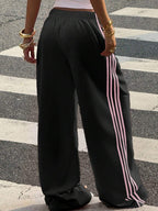 Muchica Women's White Striped Knitted Sweatpants Extra Long Straight Leg Pink Side Stripe Loose Fit Casual Track Pants For Everyday Wear White Beach Pants White Wide Leg Pants Women Wide Pants Wide Leg Summer Pants Palazzo Pants Women White Track Pants Women