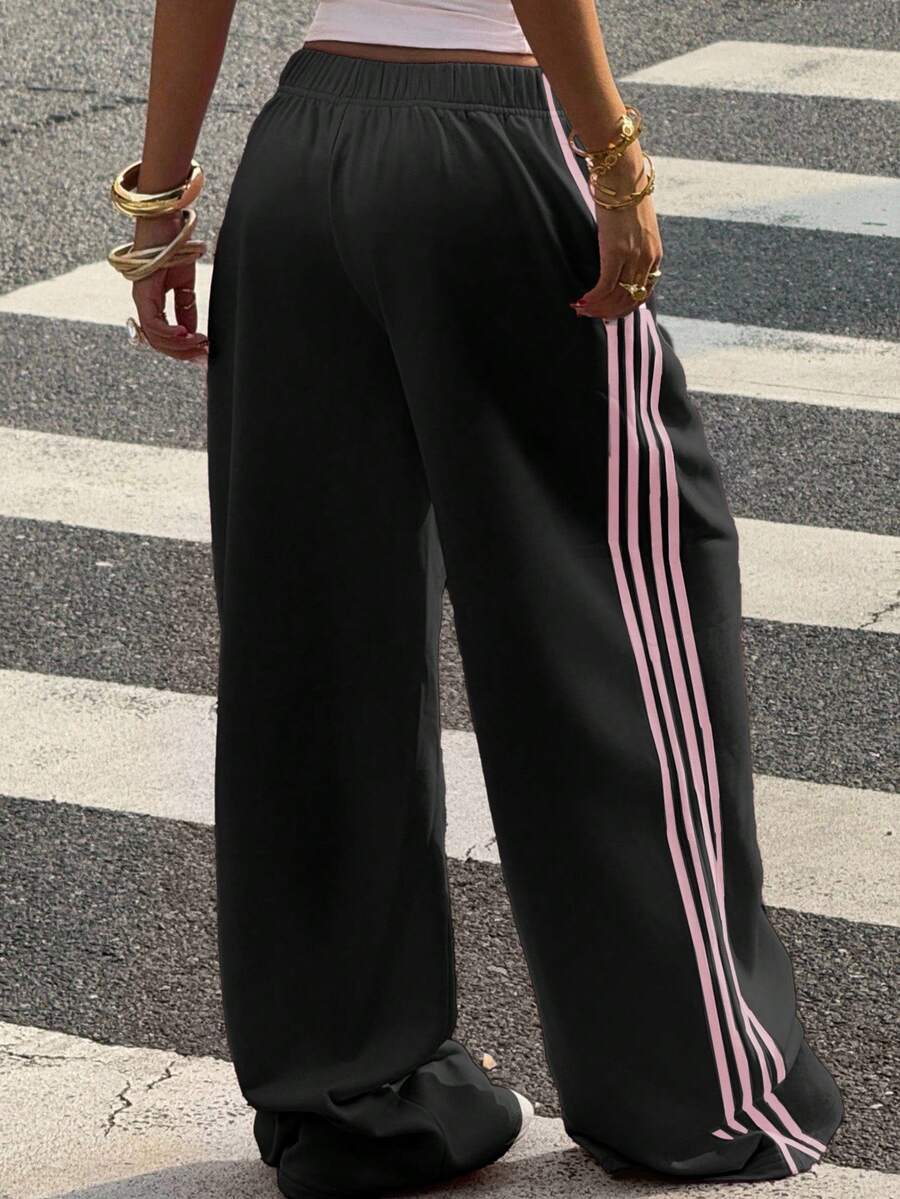 Muchica Women's White Striped Knitted Sweatpants Extra Long Straight Leg Pink Side Stripe Loose Fit Casual Track Pants For Everyday Wear White Beach Pants White Wide Leg Pants Women Wide Pants Wide Leg Summer Pants Palazzo Pants Women White Track Pants Women