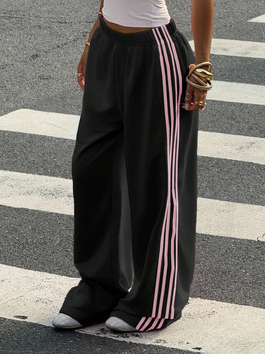 Muchica Women's White Striped Knitted Sweatpants Extra Long Straight Leg Pink Side Stripe Loose Fit Casual Track Pants For Everyday Wear White Beach Pants White Wide Leg Pants Women Wide Pants Wide Leg Summer Pants Palazzo Pants Women White Track Pants Women