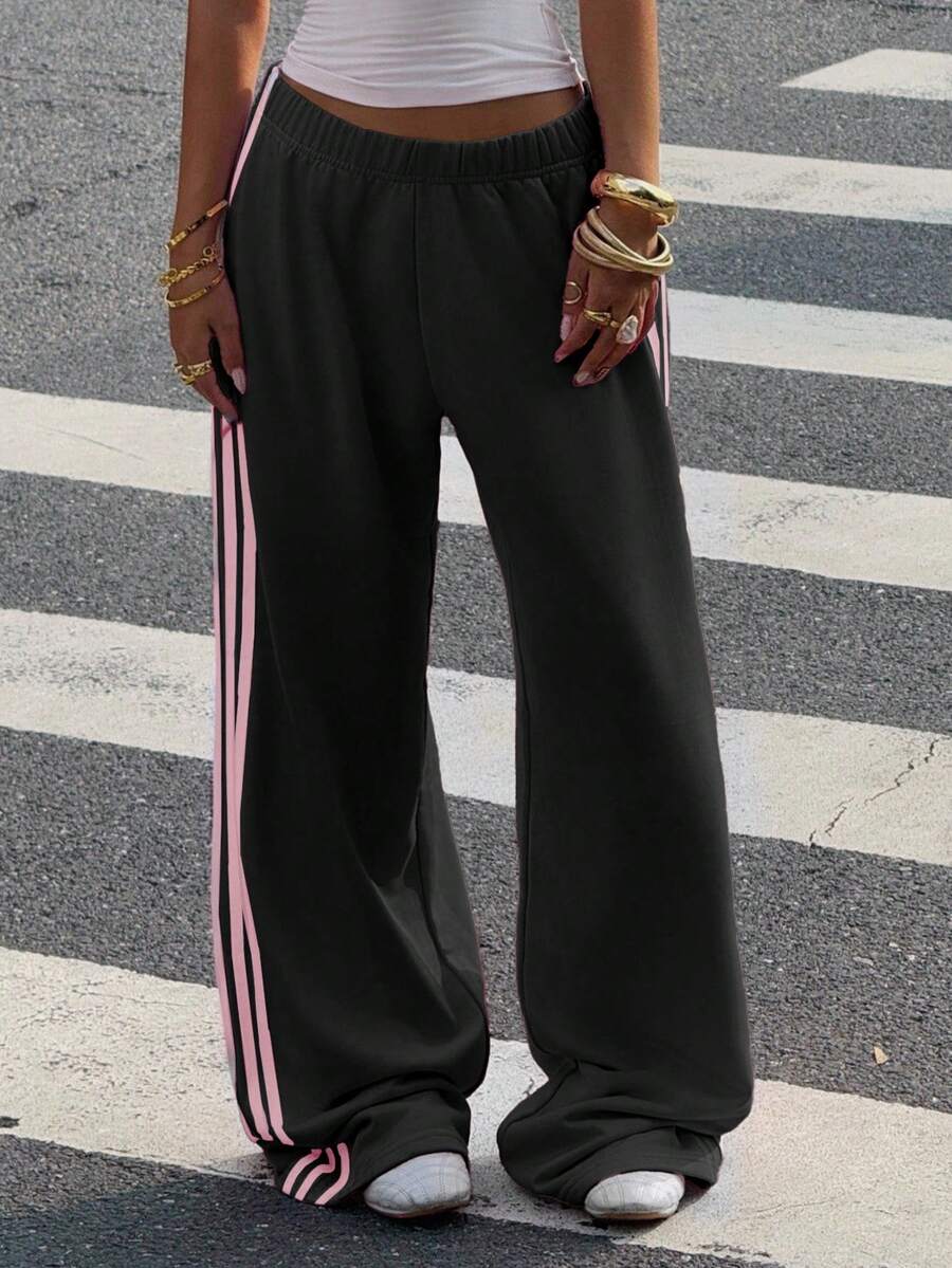 Muchica Women's White Striped Knitted Sweatpants Extra Long Straight Leg Pink Side Stripe Loose Fit Casual Track Pants For Everyday Wear White Beach Pants White Wide Leg Pants Women Wide Pants Wide Leg Summer Pants Palazzo Pants Women White Track Pants Women