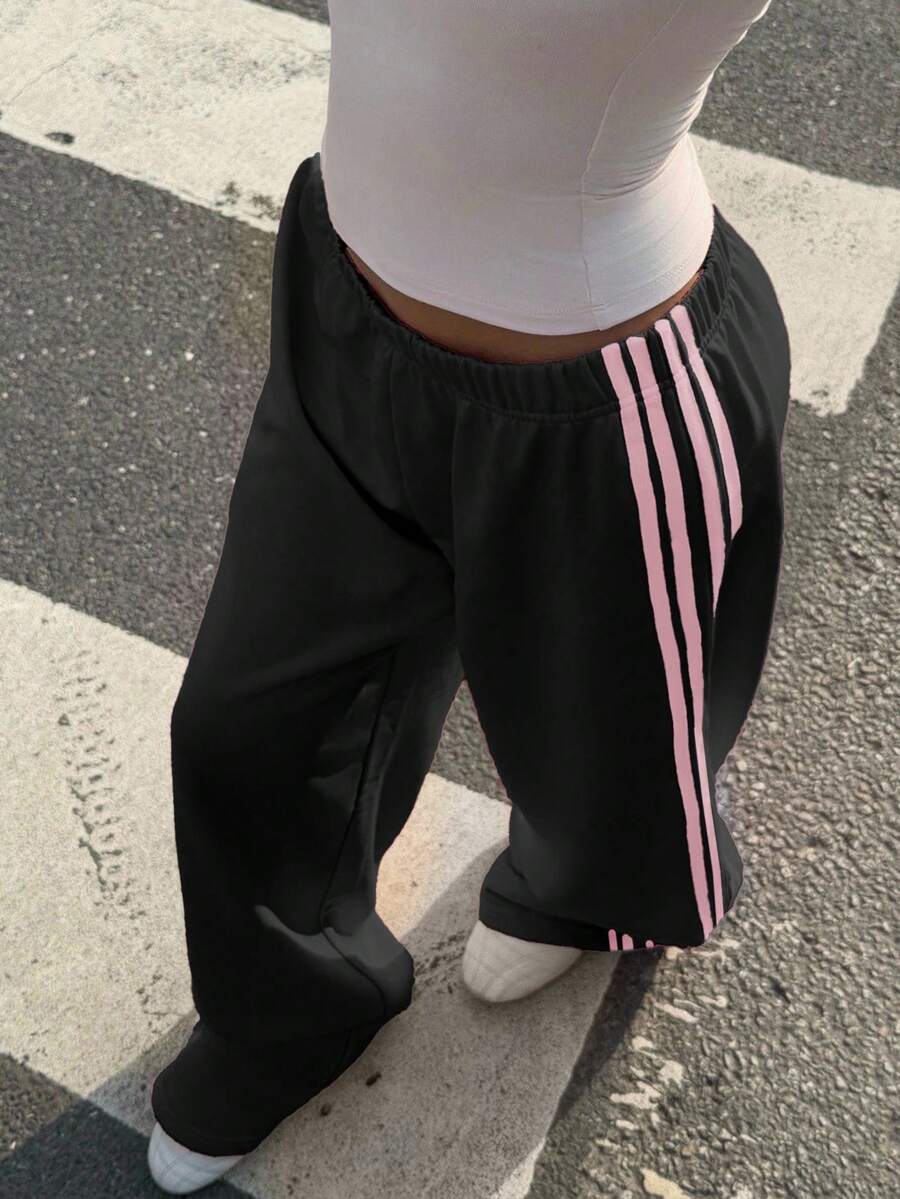 Muchica Women's White Striped Knitted Sweatpants Extra Long Straight Leg Pink Side Stripe Loose Fit Casual Track Pants For Everyday Wear White Beach Pants White Wide Leg Pants Women Wide Pants Wide Leg Summer Pants Palazzo Pants Women White Track Pants Women