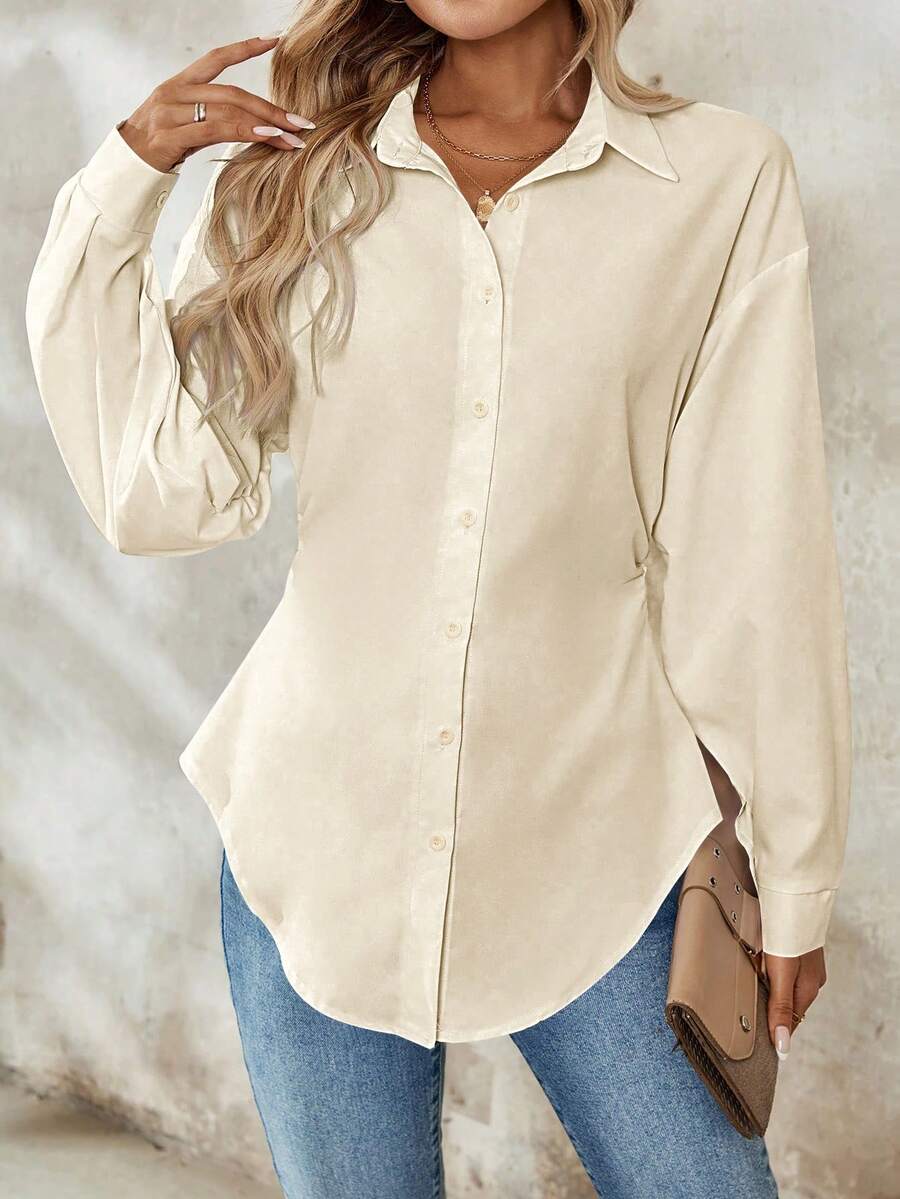 Airlisse Women's French Elegant Casual Cinched Waist Ruched Long Sleeve White Blouse, Suitable For Work And School