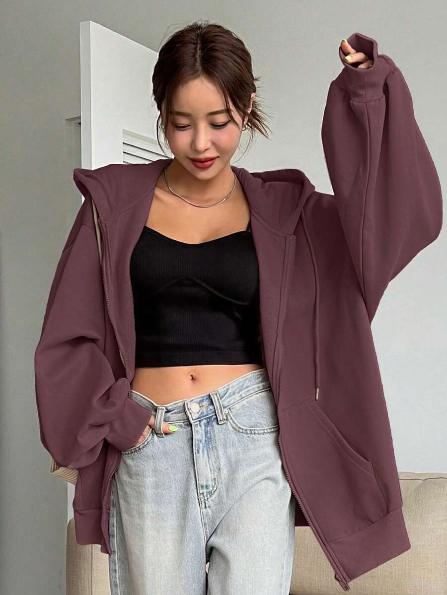 DAZY Women's Zipper Front Hoodie With Drawstring Closure,Long Sleeve Tops,Fall Clothes Sweatshirt Jacket