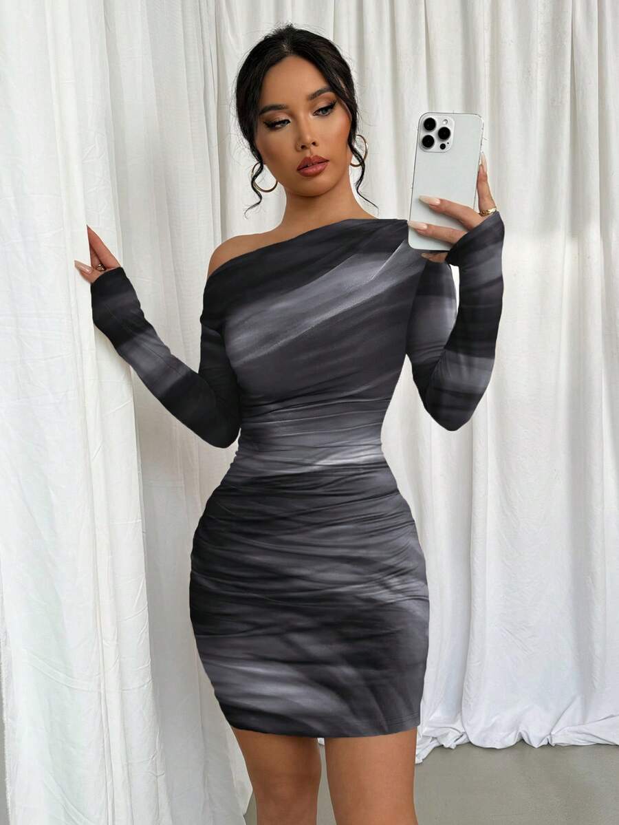Selianne 1pc Women Fitted Tie Dye Print Ruched Oblique Shoulder Long Sleeve Dress For New Year Clothes Fall Cloth For Women