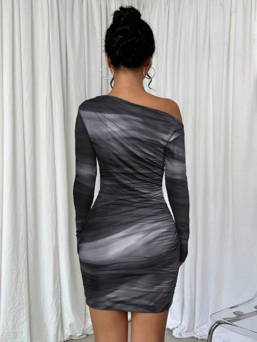 Selianne 1pc Women Fitted Tie Dye Print Ruched Oblique Shoulder Long Sleeve Dress For New Year Clothes Fall Cloth For Women