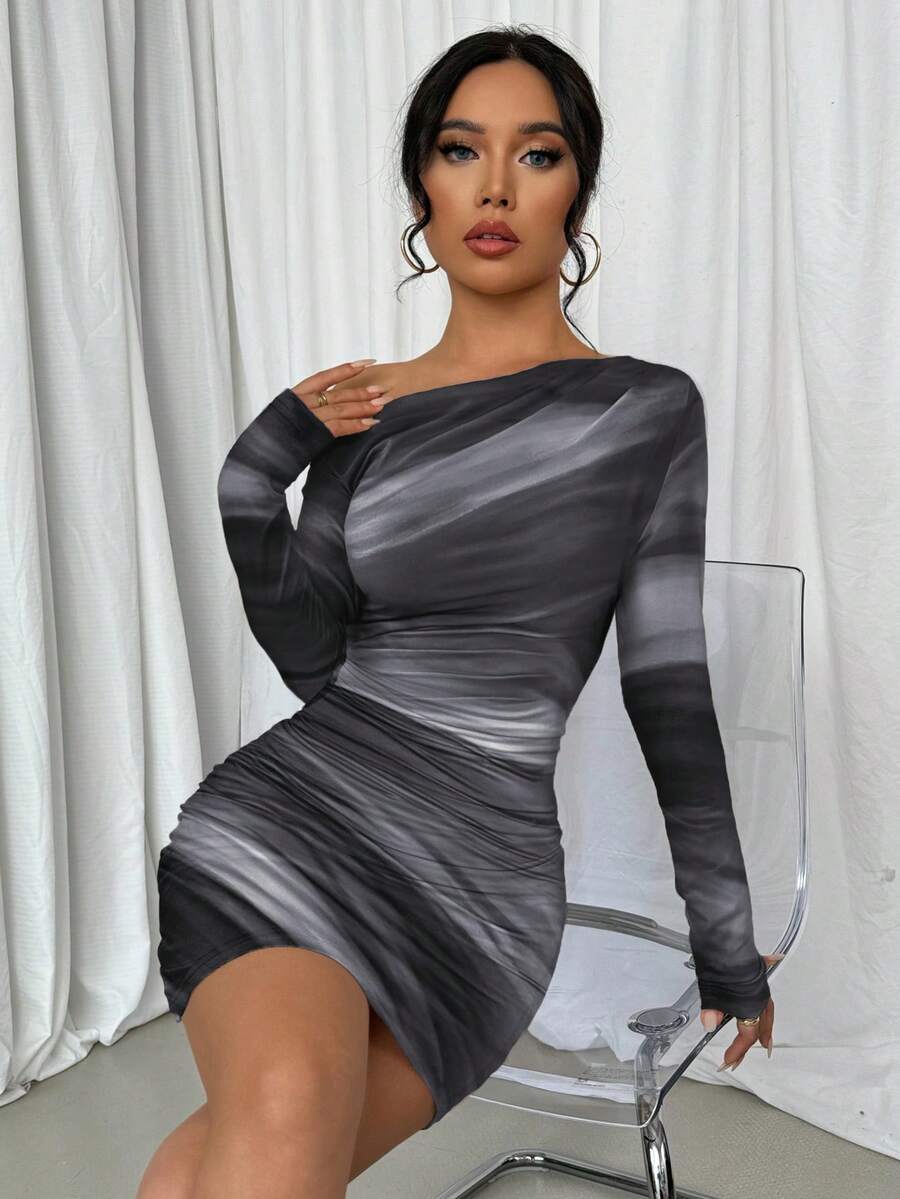 Selianne 1pc Women Fitted Tie Dye Print Ruched Oblique Shoulder Long Sleeve Dress For New Year Clothes Fall Cloth For Women