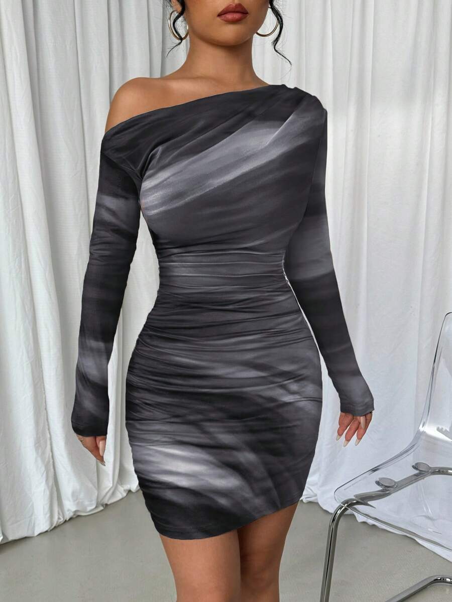 Selianne 1pc Women Fitted Tie Dye Print Ruched Oblique Shoulder Long Sleeve Dress For New Year Clothes Fall Cloth For Women