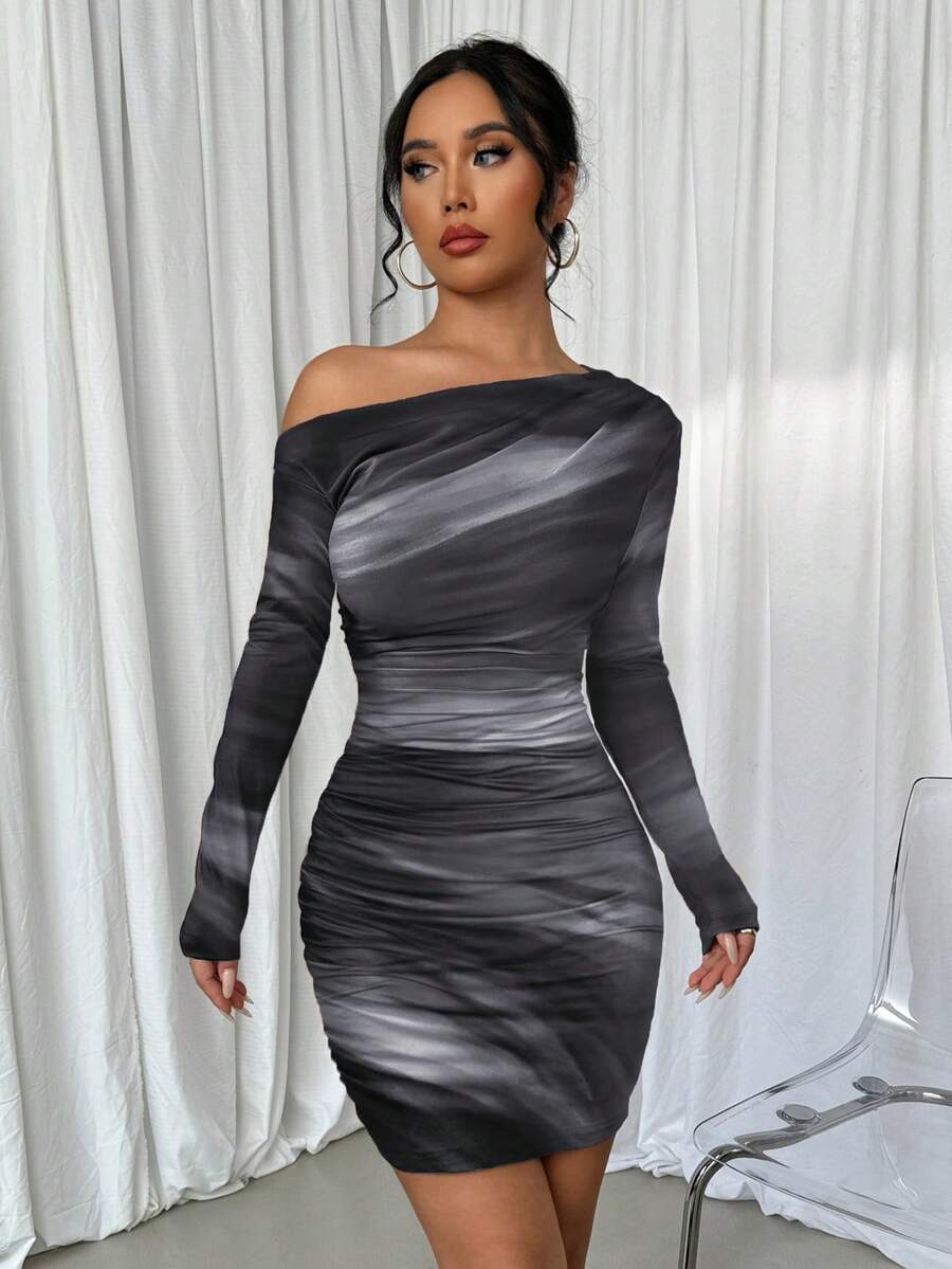 Selianne 1pc Women Fitted Tie Dye Print Ruched Oblique Shoulder Long Sleeve Dress For New Year Clothes Fall Cloth For Women