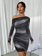 Selianne 1pc Women Fitted Tie Dye Print Ruched Oblique Shoulder Long Sleeve Dress For New Year Clothes Fall Cloth For Women