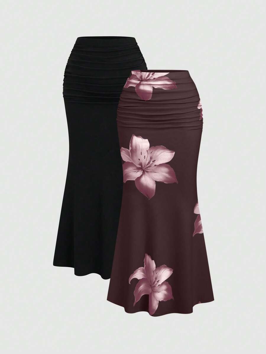 Sweetra 2pcs Women's Elegant Party Solid Color Mermaid Skirt And Floral Print Skirt Set Fall Cloth For Women