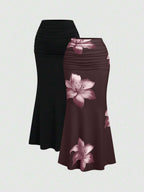 Sweetra 2pcs Women's Elegant Party Solid Color Mermaid Skirt And Floral Print Skirt Set Fall Cloth For Women