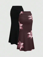 Sweetra 2pcs Women's Elegant Party Solid Color Mermaid Skirt And Floral Print Skirt Set Fall Cloth For Women