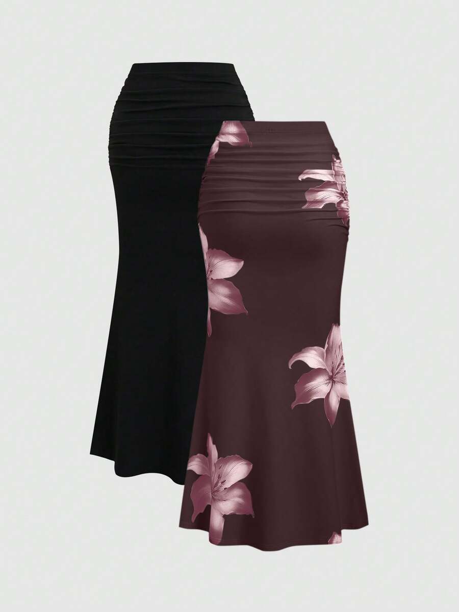 Sweetra 2pcs Women's Elegant Party Solid Color Mermaid Skirt And Floral Print Skirt Set Fall Cloth For Women