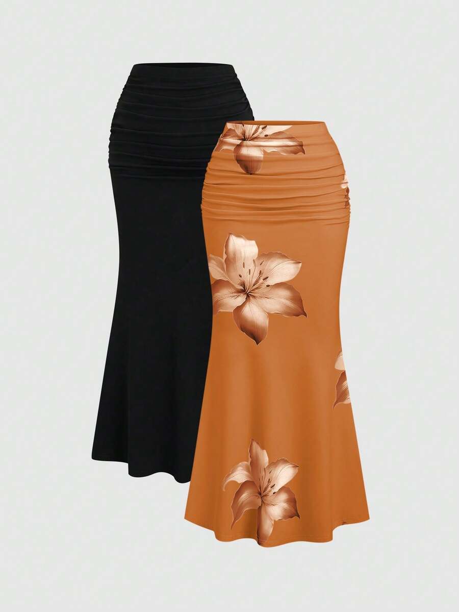 Sweetra 2pcs Women's Elegant Party Solid Color Mermaid Skirt And Floral Print Skirt Set Fall Cloth For Women