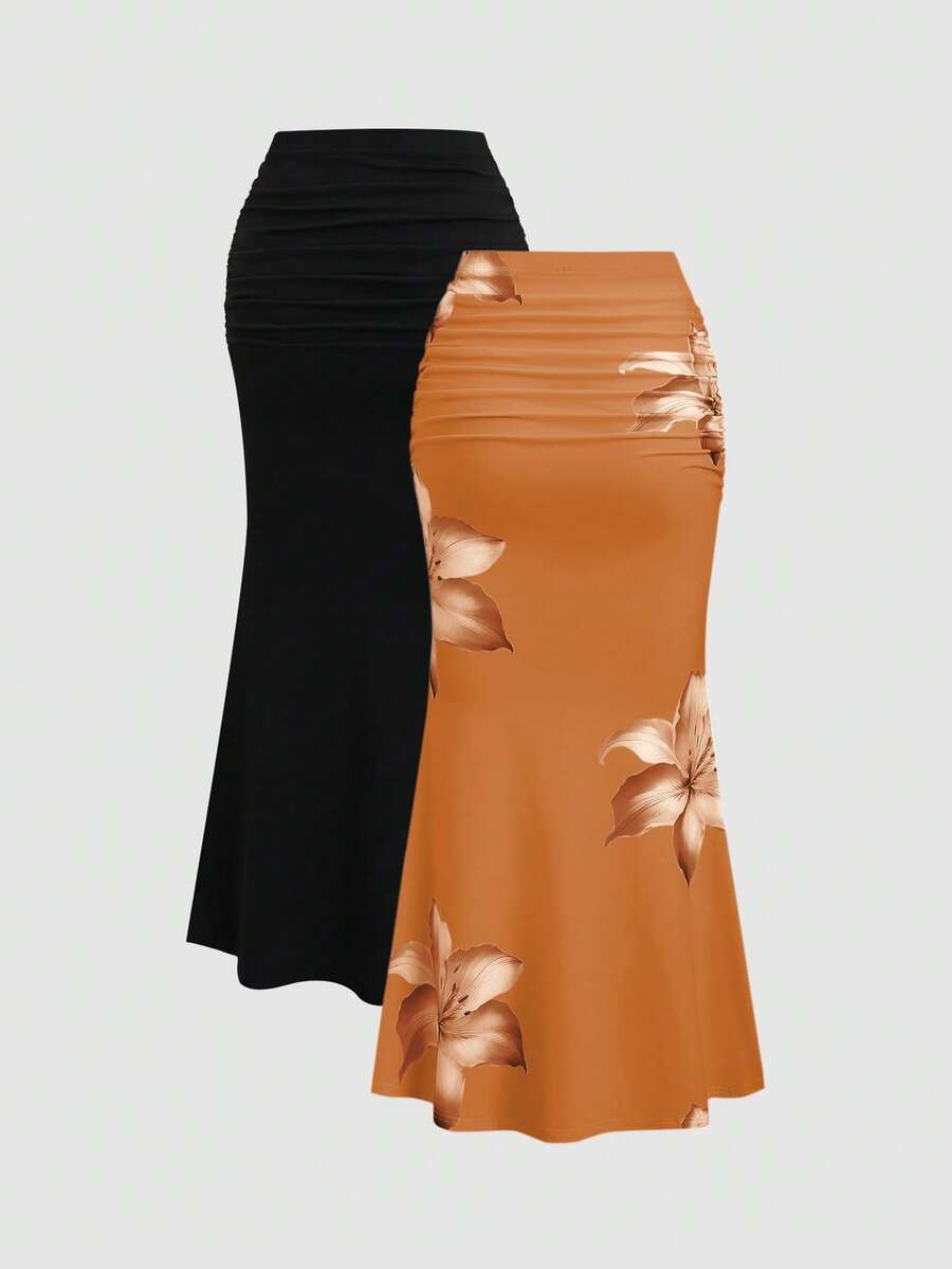 Sweetra 2pcs Women's Elegant Party Solid Color Mermaid Skirt And Floral Print Skirt Set Fall Cloth For Women