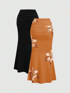Sweetra 2pcs Women's Elegant Party Solid Color Mermaid Skirt And Floral Print Skirt Set Fall Cloth For Women