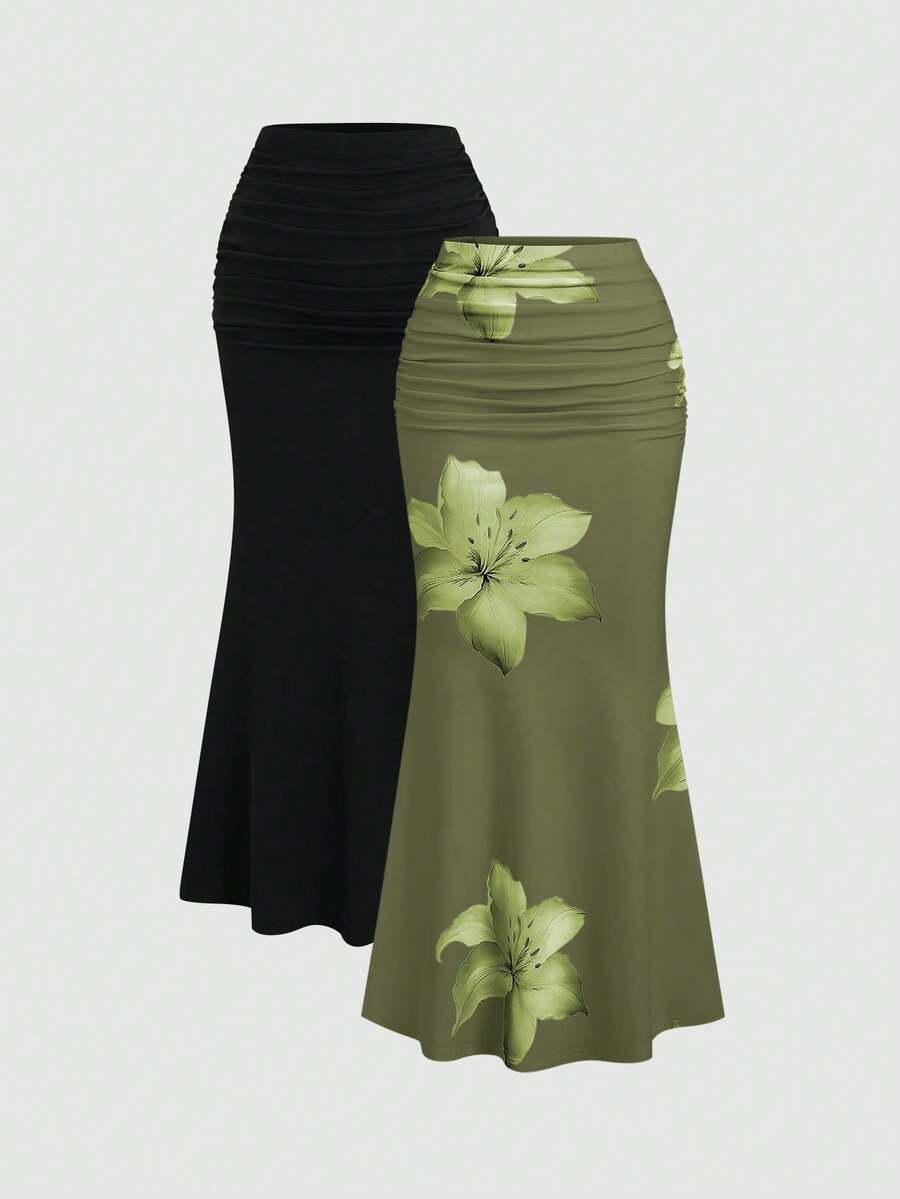 Sweetra 2pcs Women's Elegant Party Solid Color Mermaid Skirt And Floral Print Skirt Set Fall Cloth For Women