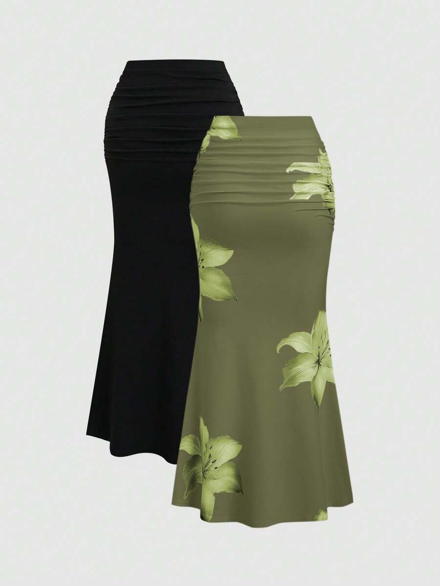 Sweetra 2pcs Women's Elegant Party Solid Color Mermaid Skirt And Floral Print Skirt Set Fall Cloth For Women