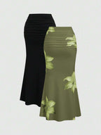 Sweetra 2pcs Women's Elegant Party Solid Color Mermaid Skirt And Floral Print Skirt Set Fall Cloth For Women