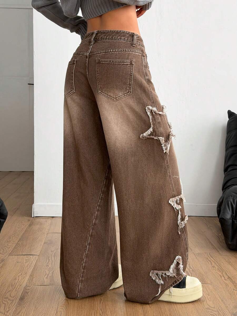 Coolane Women's Winter/All-Season Streetwear  Hippie   Music Festival Party Casual Preppy Vintage Basic Star Patched Washed Comfortable Black Baggy  Jeans