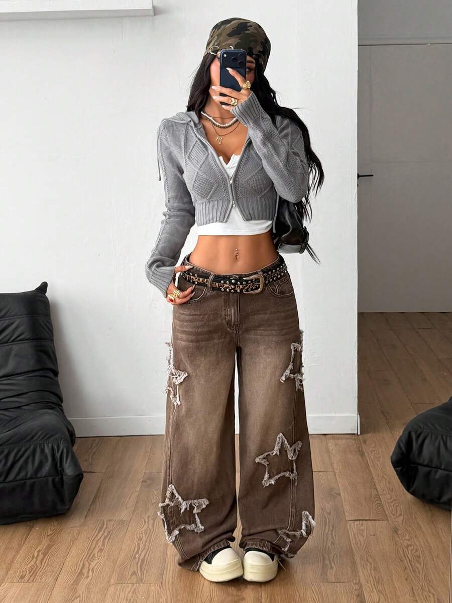 Coolane Women's Winter/All-Season Streetwear  Hippie   Music Festival Party Casual Preppy Vintage Basic Star Patched Washed Comfortable Black Baggy  Jeans